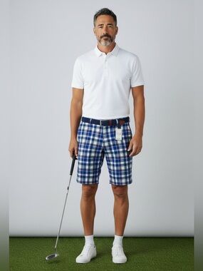 NWT Mens Peter Millar Blue Plaid 100% Cotton 9 “ Inseam Shorts Size 34